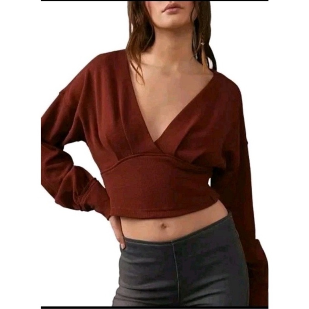 Free People Women's Rust Long Sleeve All Nighter Thermal Cropped Top Sz‎ XL